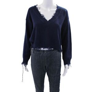 Brooklyn Karma Womens Distress V-neck Long Sleeve Sweater Top Navy Blue Size S